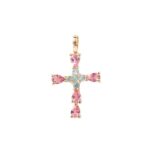 Cruz De Oro Amarillo De 18K Piedras Rosa Y Azul 210-1288
